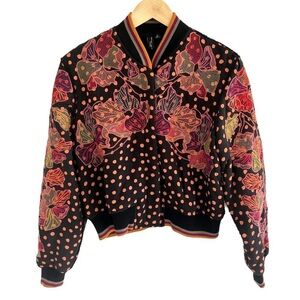 Blnk London Floral Polka Dot Bomber Jacket XL Embroidered Fleece Lined Bl-nk